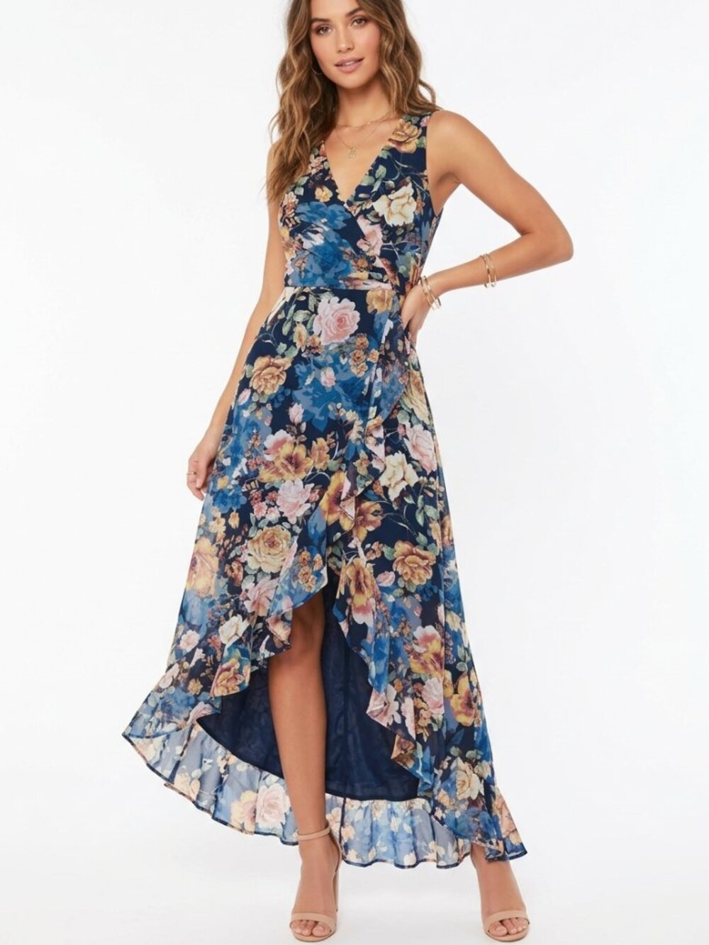Dress Forum NWT Navy Floral High-Low V-Neck Ruffle Wrap Dress Women's Size S